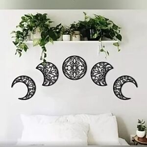 Black Moon Lunar Phases Wall Art Wood Cut Out Hollow Scroll Carved 5 pc Set New